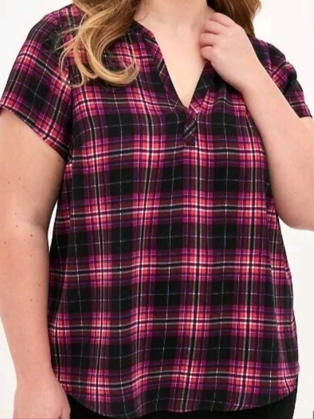 Torrid Pink and Black Plaid V-Neck Short Sleeve Top
